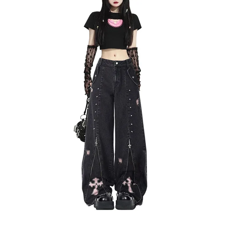 American Y2k Sweet Cool Punk Subculture Jeans Women's High Street Design Spicy Girl Loose Straight Leg Wide Leg Demin Pants