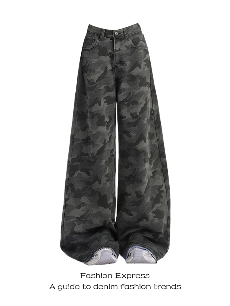 

Американские джинсы в стиле ретро с камуфляжным принтом, женские широкие брюки прямого кроя, новые джинсовые штаны из денима