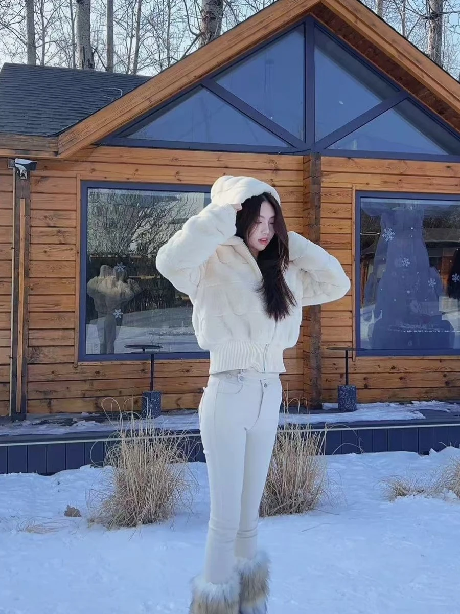 Chaqueta holgada y cálida de manga larga con capucha de pelo de visón sintético para mujer, prendas de vestir esponjosas de piel sintética con cremallera de Color sólido para otoño e invierno