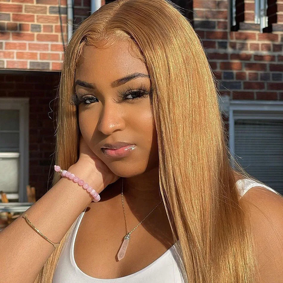 

13x6 27# Honey Blonde Colored Human Hair Lace Frontal Wigs Straight 180% HD Transparent Lace Front Human Hair Wigs For Women