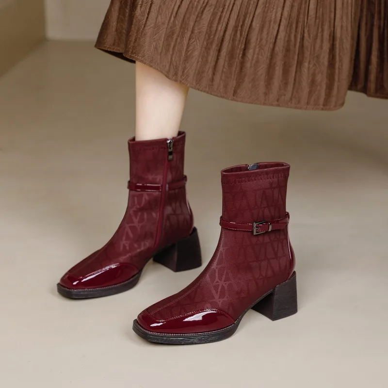 

New Womens Shoes Fashion Square Head Stretch Boots for Woman Exquisite French Style High Heeled Boots Designer Shoes Botas Mujer