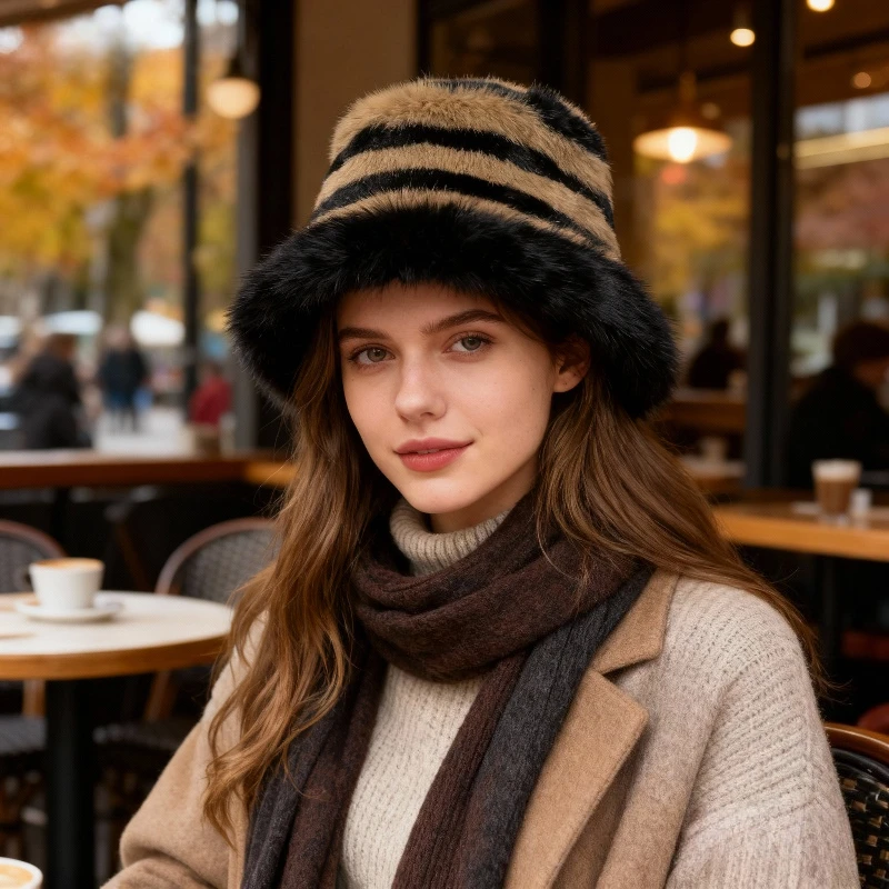 1 قطعة المرأة الخريف والشتاء نمط جديد لدغ تقسم قبعة بحافة ، الدافئة رشاقته تنوعا المألوف مخطط أفخم صياد قبعة