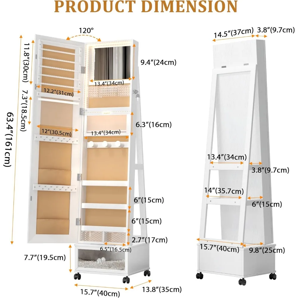 Armario con espejo giratorio de 360 ° para joyería, organizador de pie con luces, longitud completa