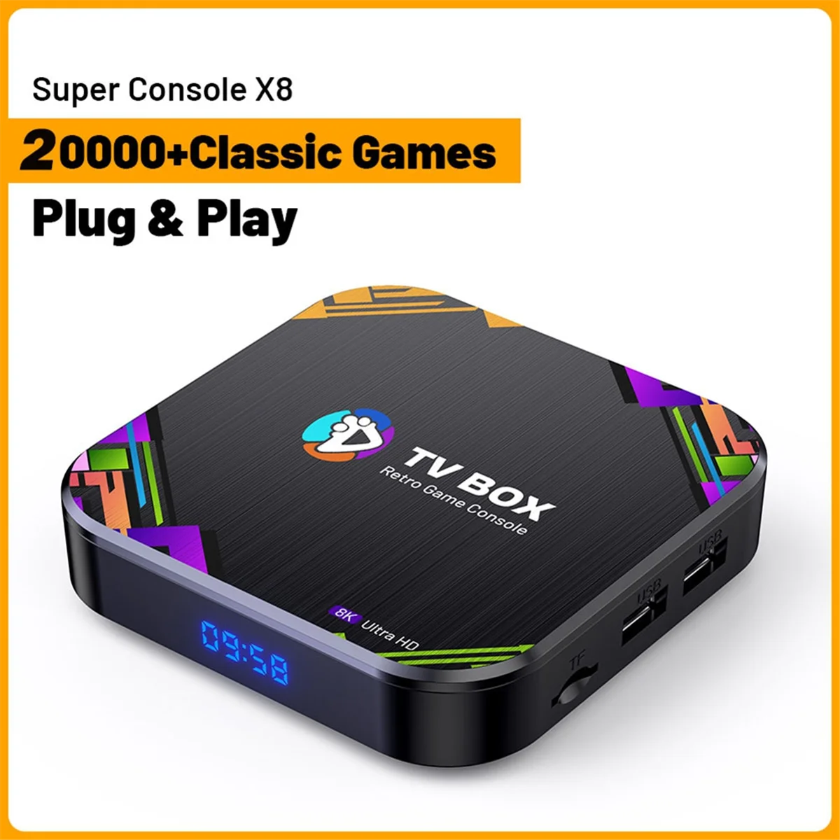 AT42 Android 13 TVボックス スーパーコンソールX8 レトロビデオゲームコンソール 20000種類のビデオゲーム内蔵 /PS1/DC/N64/MAME対応 8K出力 イギリス仕様