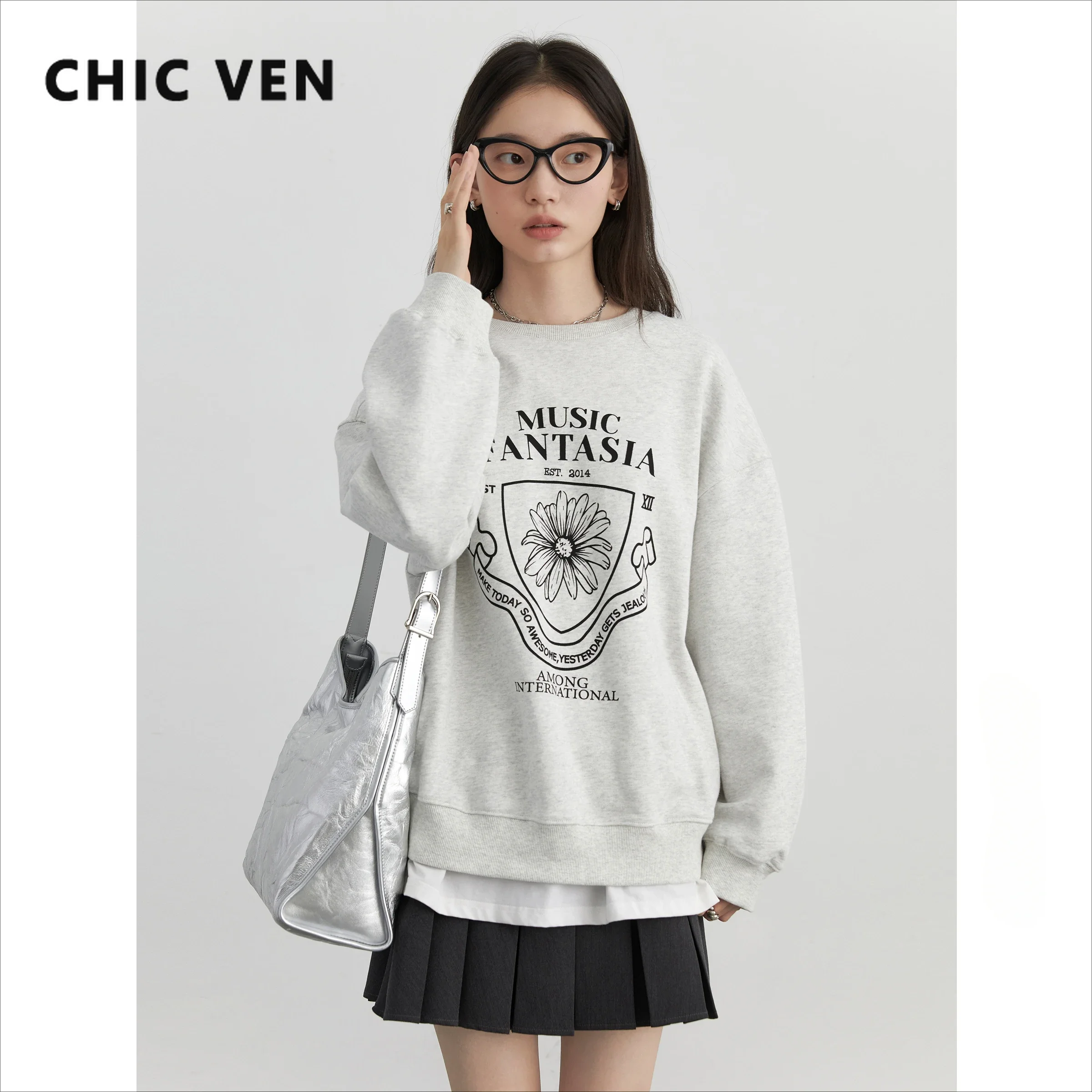 CHIC VEN Women Pullovers Loose Casual Cotton Contrasting Daisy Letter Printed Sport Sweatshirts Female Top Spring Autumn 2024