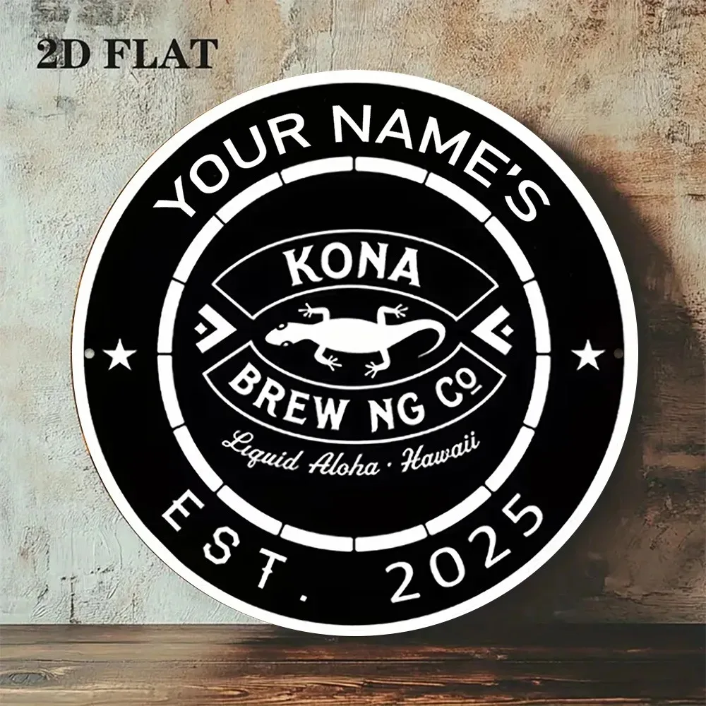 CIFbuy Round Kona Brewing Metal Plaque,Personalized Custom Text Hawaii Gecko Aloha Beer Bar Wall Ornament (Only For Decoration)