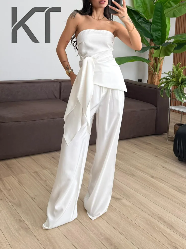 

KT Elegant Luxury Satin Two Piece Set For Women Strapless Tie Waist Top & High Waist Wide Leg Pants Party & Evening Suits