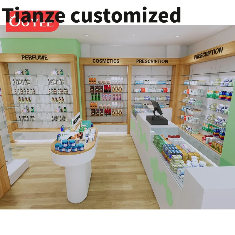 Customized-Wood Pharmacy Shelves Shop Interior Display Racks Furniture Medical Store Counter Design Pharmacy