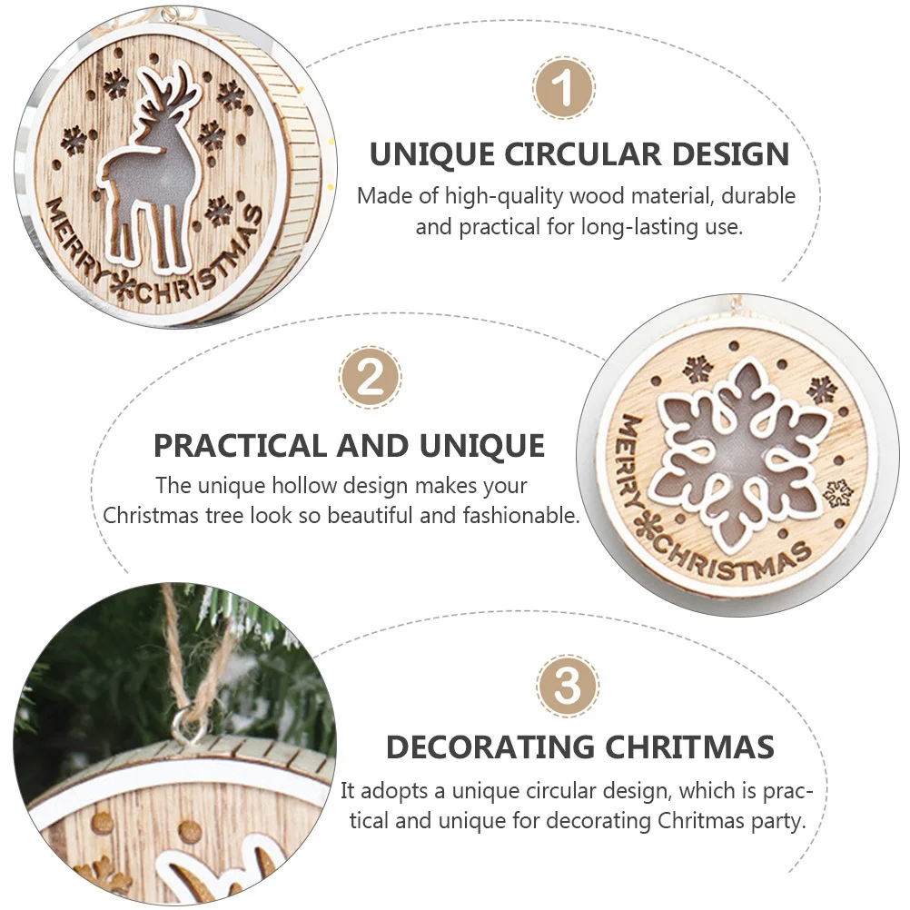 

2Pcs Christmas Wooden Ornament LED Light Hollow Round Design Hanging Xmas Tree Pendant Luminous Party Decoration