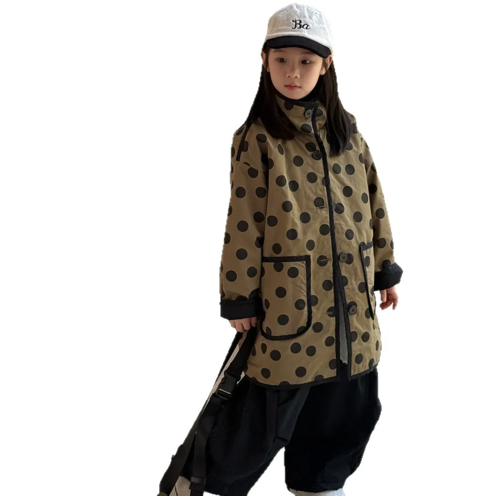 Kids Cotton Clothes 2025 Winter Korean Style Girls Japanese Retro Literary Polka Dot Padded Top Stand Collar Single Jacket 5