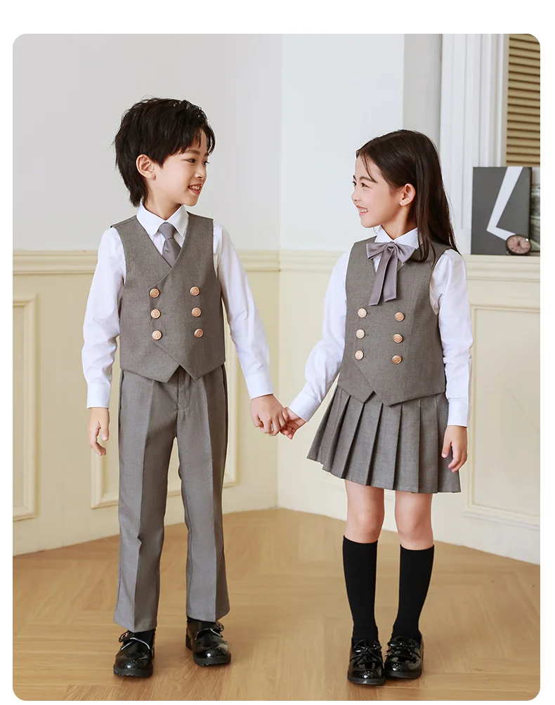 Coole Kinder-Formelle Weste für Jungen, Doppelknopf-Blazer-Weste, Mädchen-Geburtstagsfeier-Hochzeitskleidung, Kostüm in Schwarz, Grau, Königsblau – Detail 2