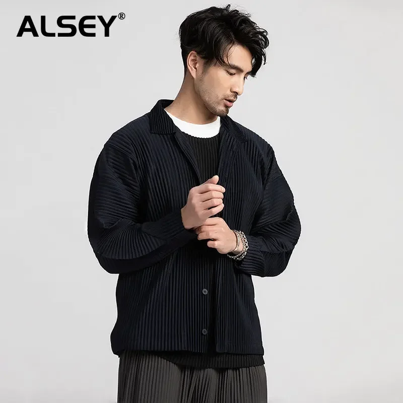 

ALSEY Miyake Men's Wear Japanese Stretch Fabric Oversize Long Sleeve Pleated Shirt Sunscreen Clothes for Male New Clothing