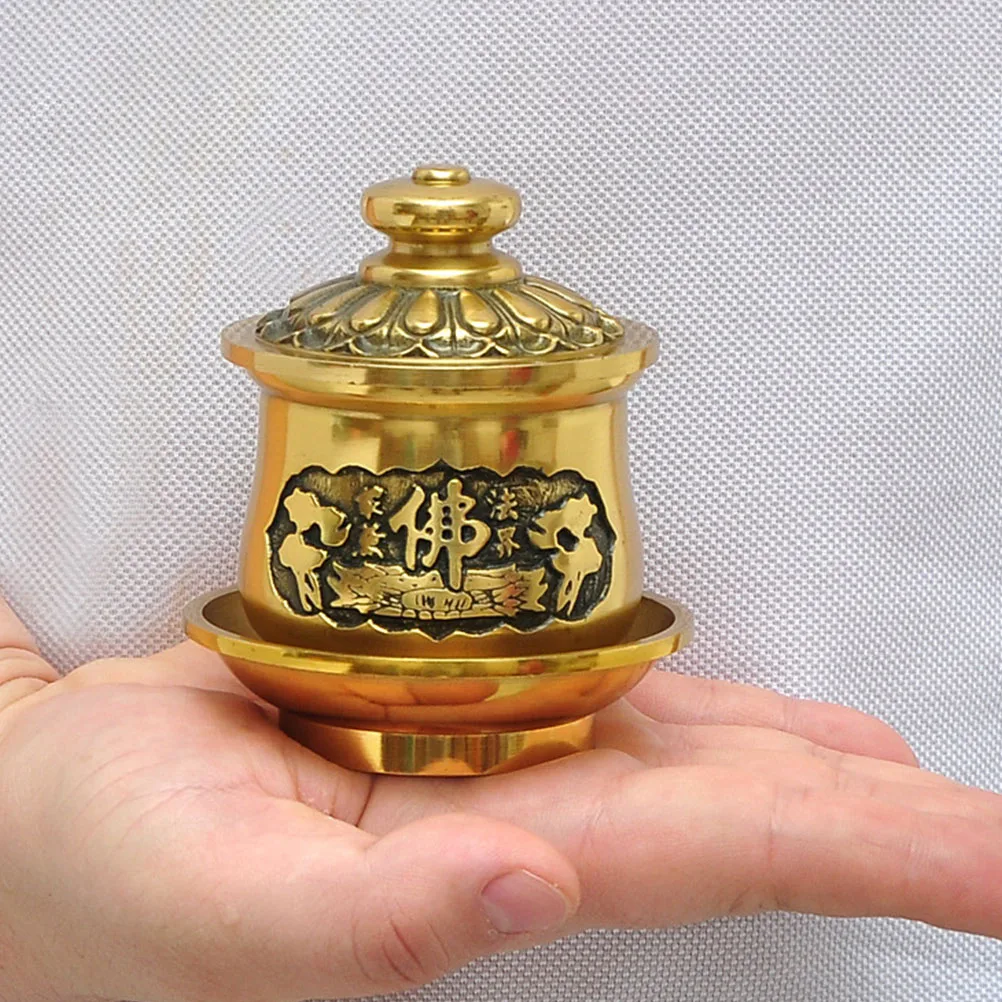 

Copper Craft Luxury Retro Temple Offering Accessory Household Holy Cup Relief Pattern Storage Holder High-Quality