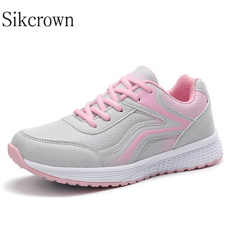 Gray Pink Leather Sneakers for Women Thick Sole Running Shoes PU Outdoor Tennis Trainers Casual Walks Jog Gym Shoe Autumn Size41