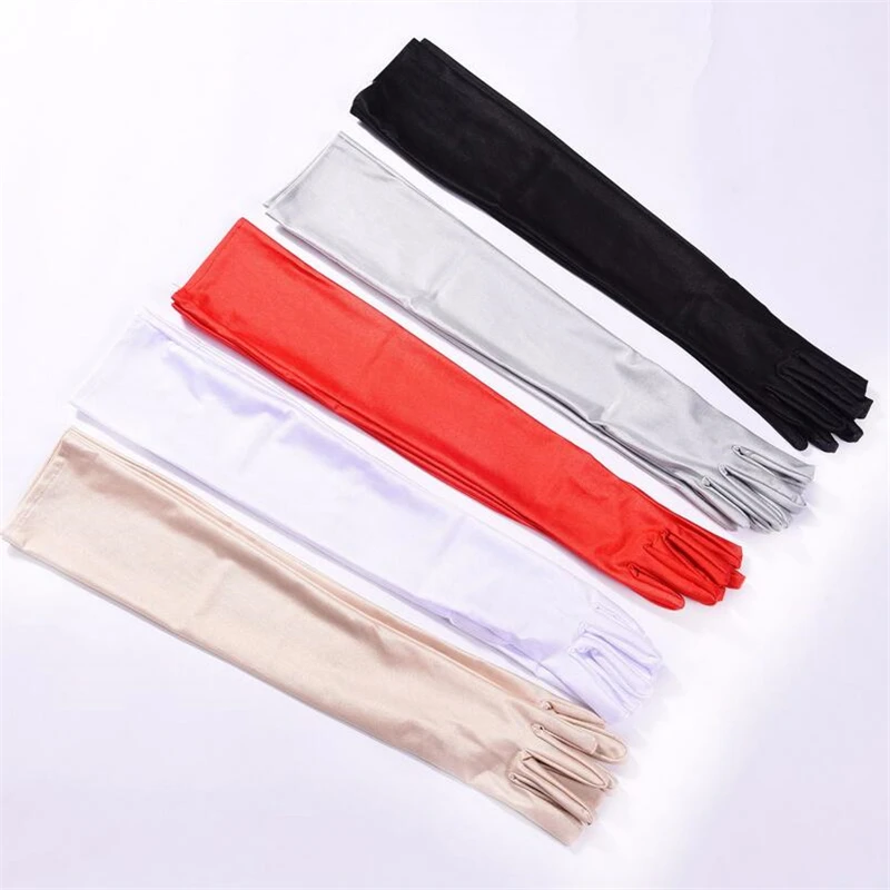 Classic Women Stretch Satin Long Arm Finger Gloves Black White Red Opera Elbow Wrist Length Club Driving Party Costume Accessory