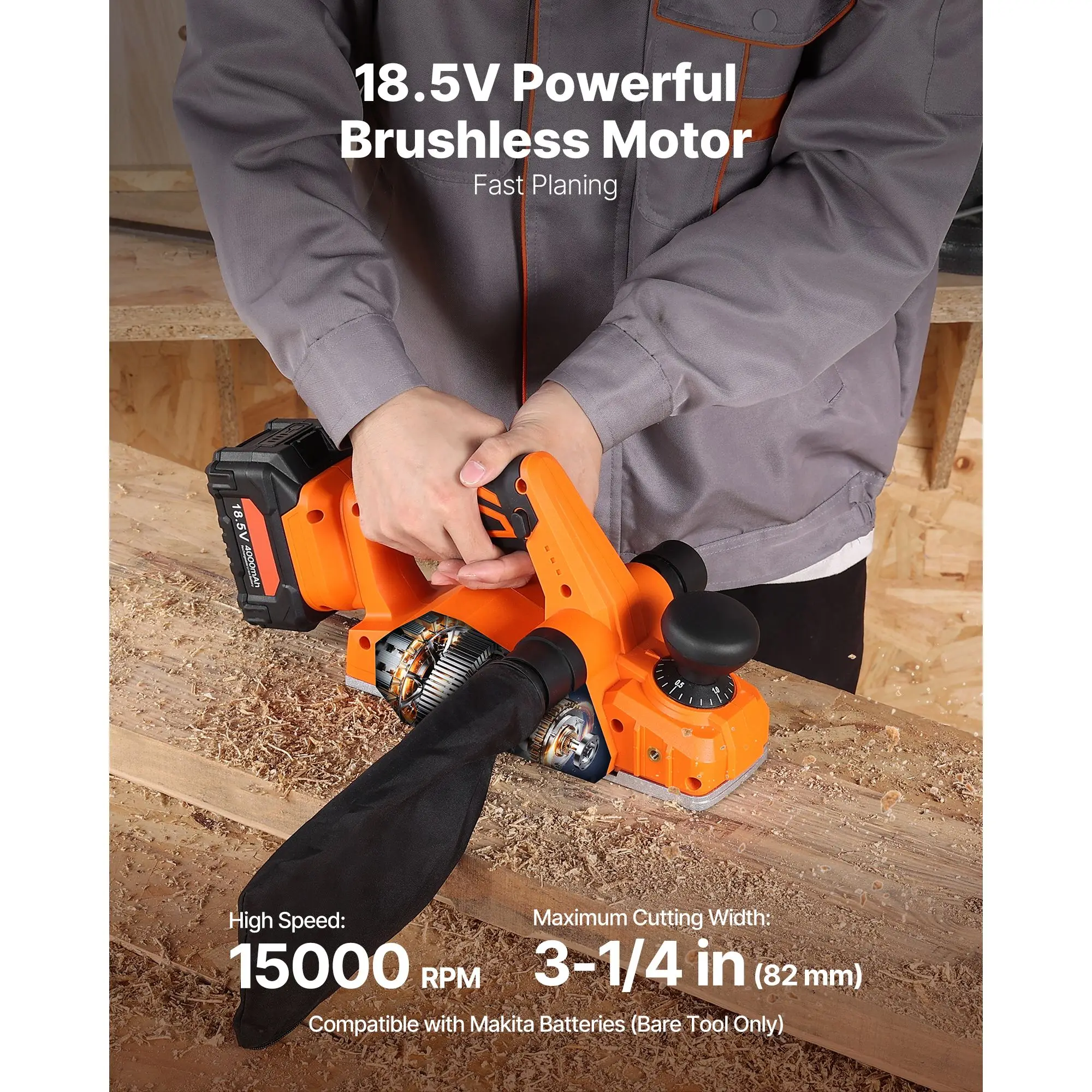 Cordless Handheld Planer, 3-1/4-Inch Cut Width, 15000 RPM Electric Hand Wood with Brushless Motor, Adjustable Depth for