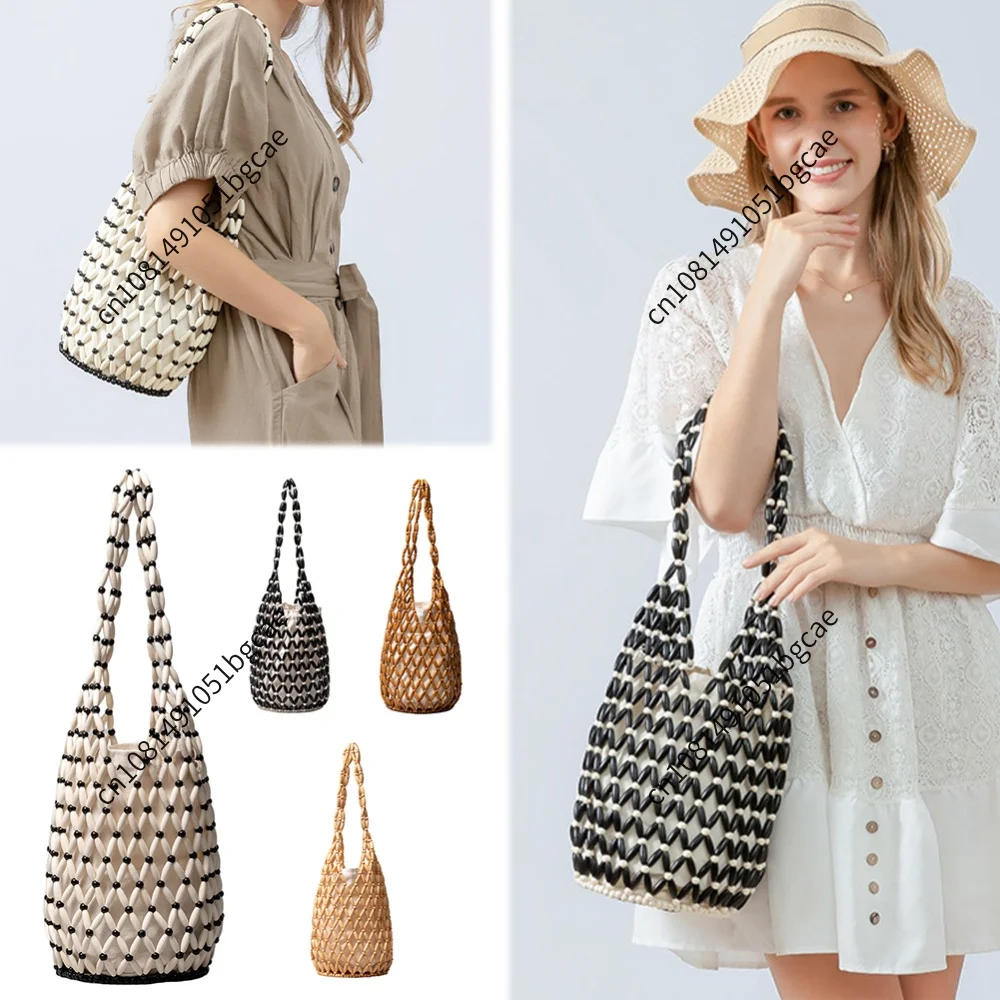 

Wooden Bead Hollow-out Tote Bag for Holiday Travels Date Handmade Beaded Shoulder Bag Casual Beach Handbag for Women