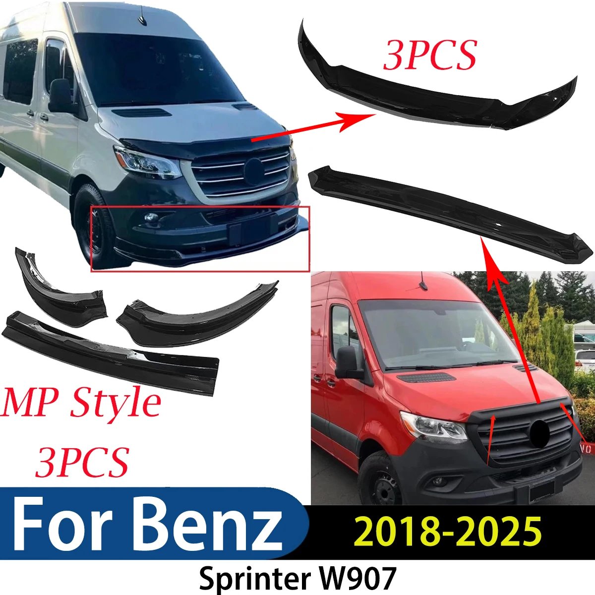 メルセデス・ベンツ スプリンター W907 2018-2025用 フロントバンパースプリッターリップ フードデフレクターガードシールドプロテクター ボディキット エクステリア