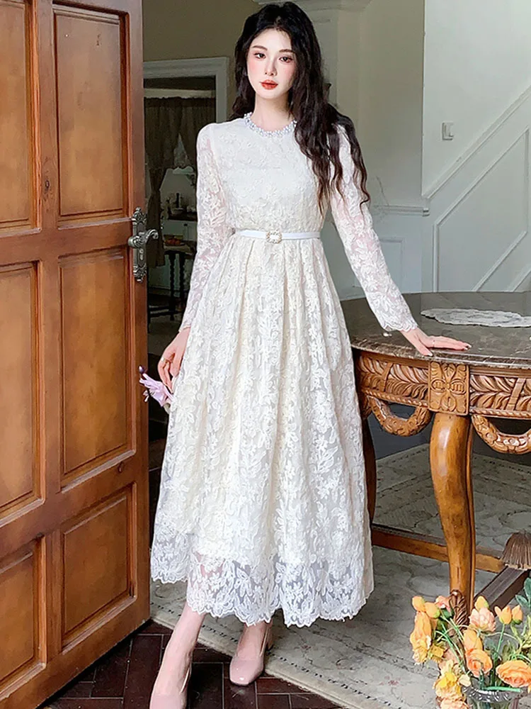 Francês vintage outono bordado flor oco para fora midi vestido elegante feminino luxo miçangas o pescoço magro a linha vestido de festa robe