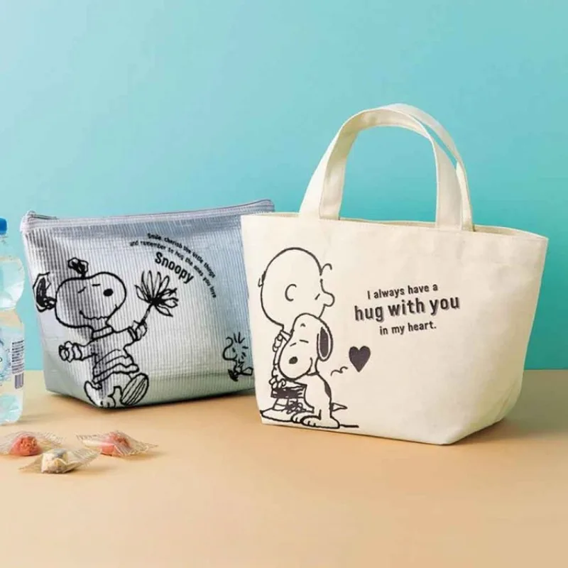 Cartoon Snoopy Canvas Bag Thermal Insulation Bag Portable Zipper Insulation Two-piece Handbag Portable for Travel and Work