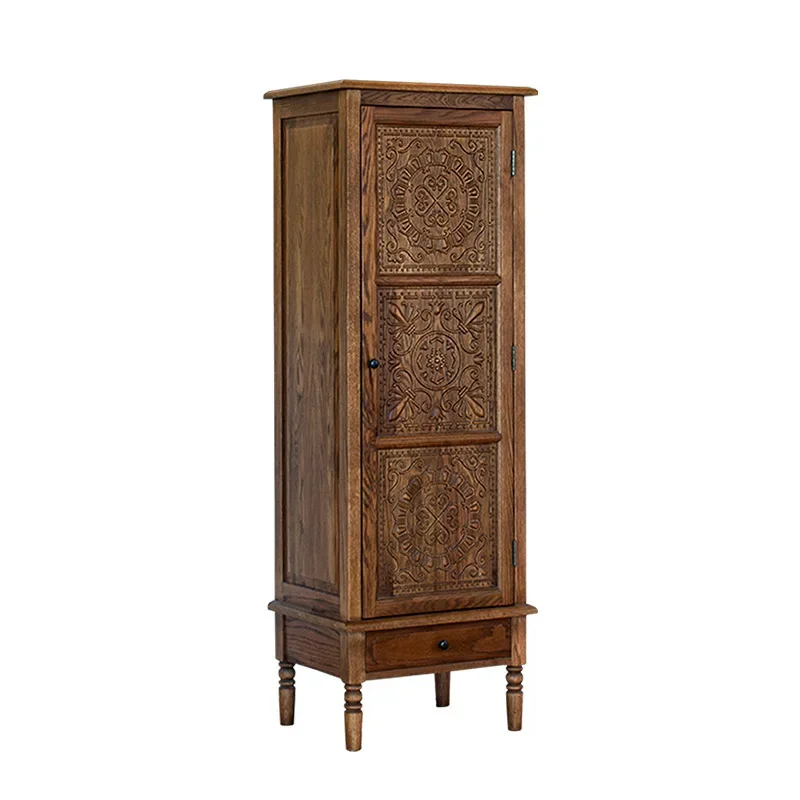 

Nordic country solid wood carving flower TV side cabinet, pastoral retro style oak standing cabinet