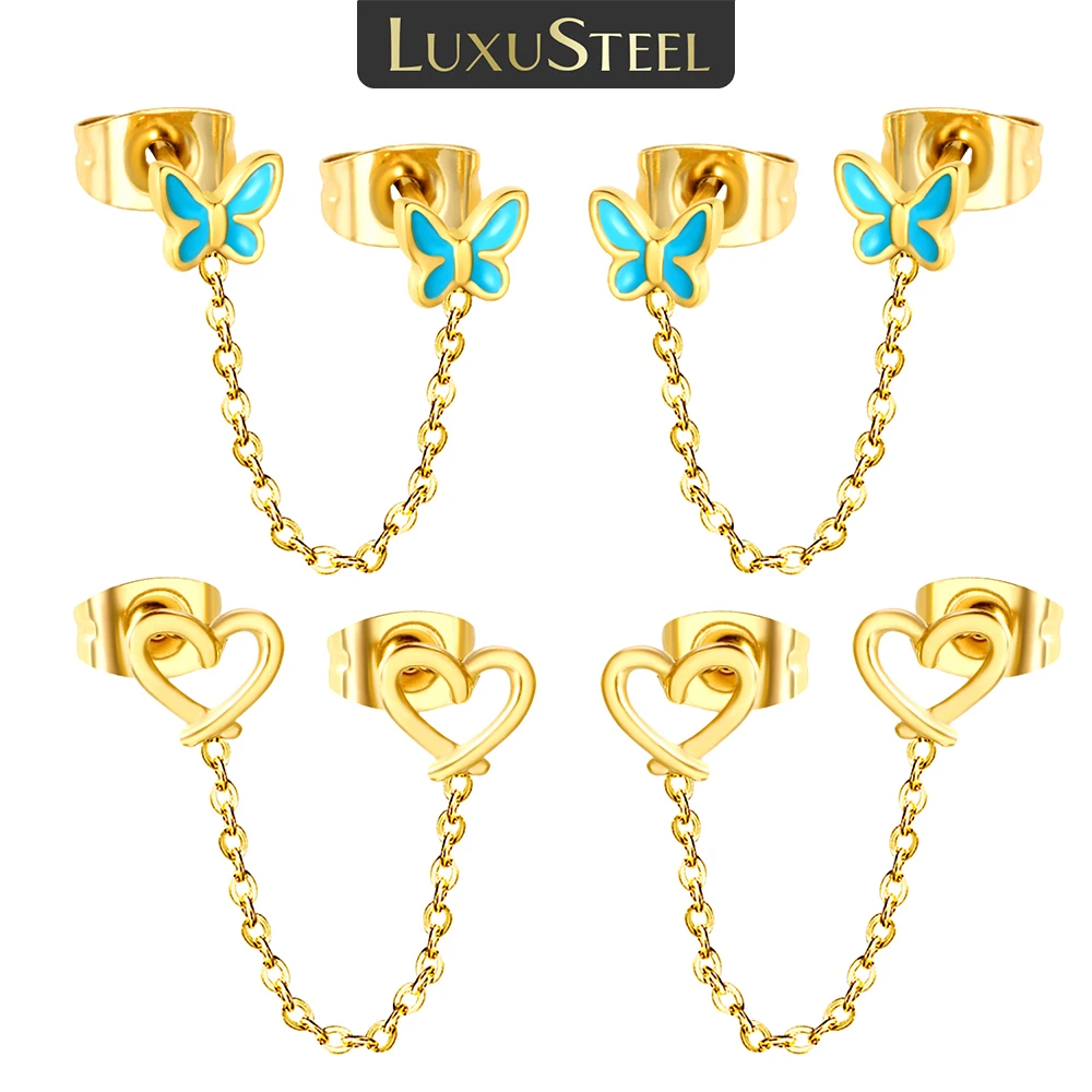 LUXUSTEEL Butterfly Love Heart Shaped 2PC/1pair Drop Earring for Women Men Stainless Steel Hoop Earrings Jewelry Party Gifts