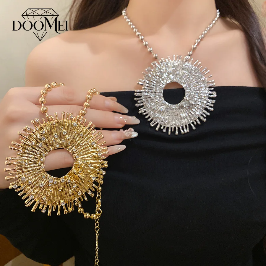 DOO MEI Gold Sunburst Rhinestone Statement Necklace for Women Hollow Round Pendant Beaded Chain Necklace Wedding Party Jewelry