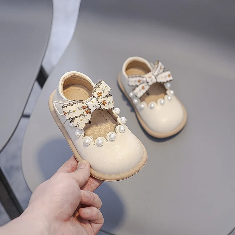 Chaussures en Cuir pour Bébé Fille, avec Nministériels d en Dentelle et Perle, Semelle Souple, Légères, Nourrissons, Printemps Automne