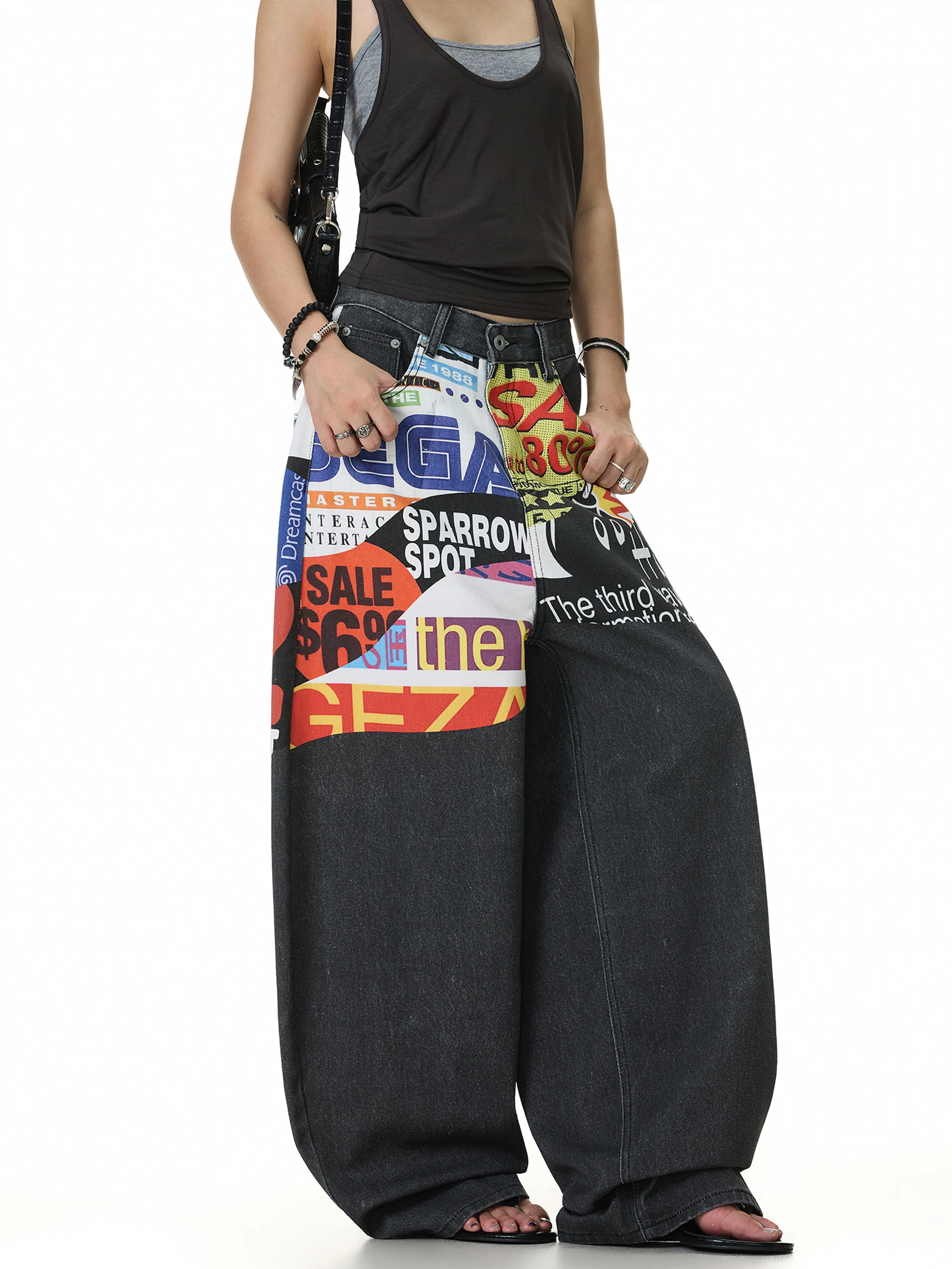 American High Street Patchwork Digital Letter Print Curved Knife Jeans Unisex Retro Loose Wide Leg Long Trousers