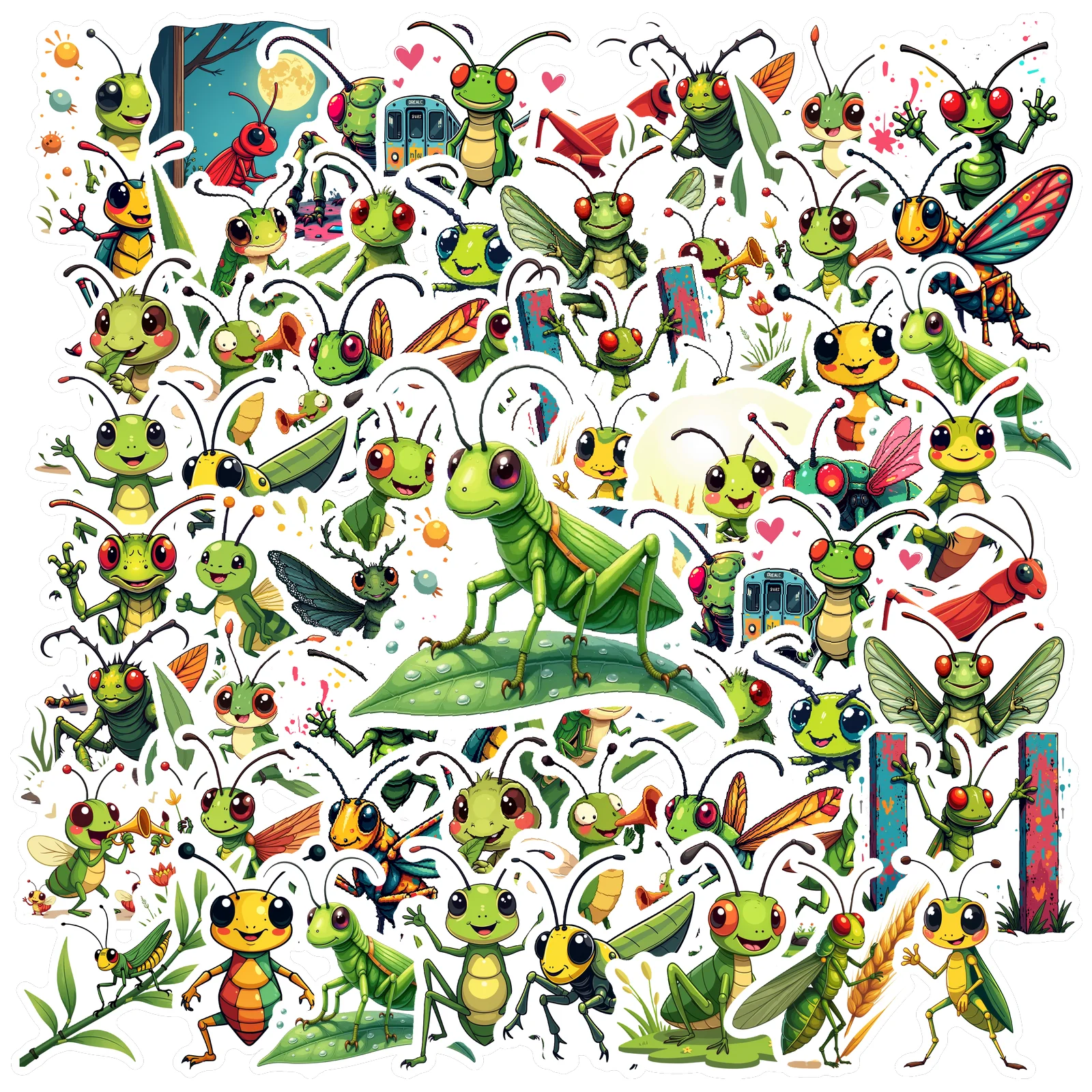 35-50pcs Grasshopper Theme Stickers Insect Sticker Classroom Teacher Reward Stationery Stickers Diy Luggage Laptop Phone Guitar