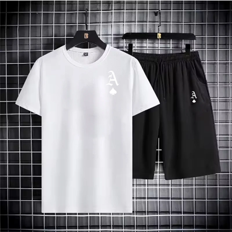 

Men's trend grey summer casual suit - short sleeve T-shirt and shorts, with personality A word spades print, stylish and comfort