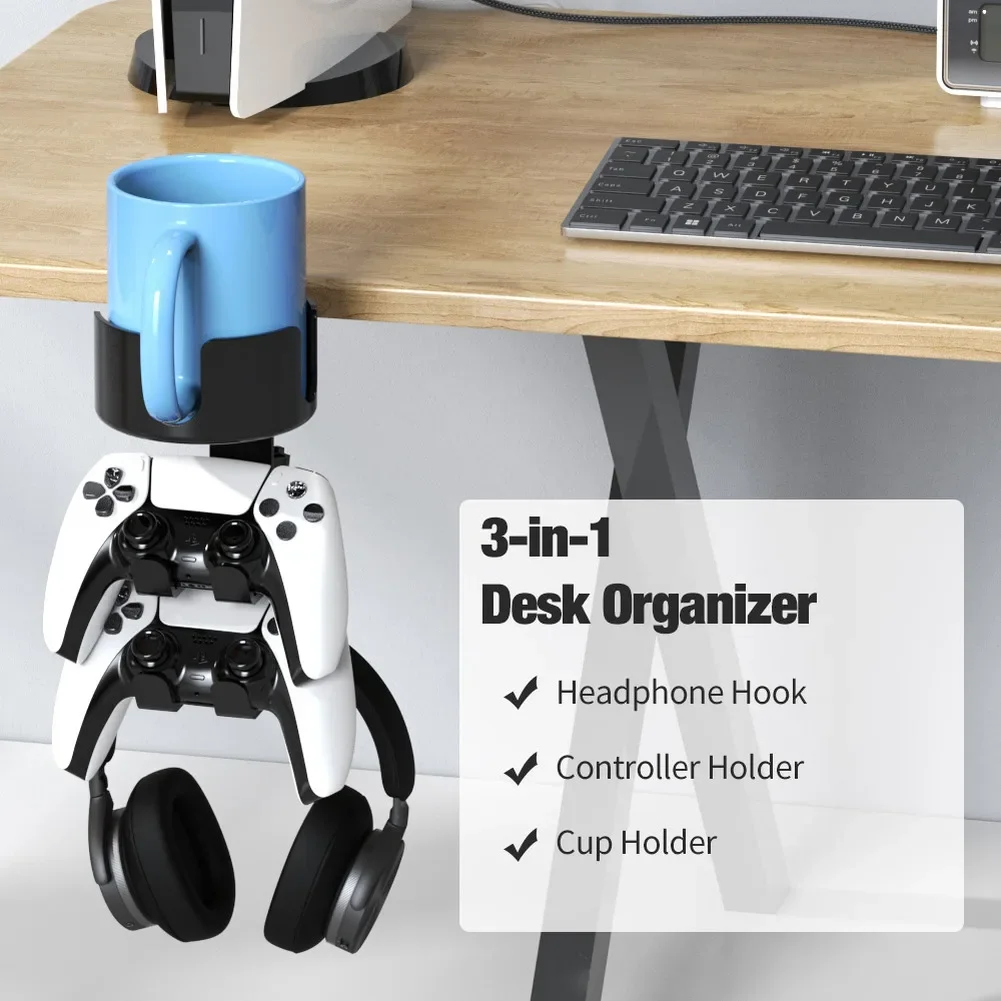 2 In 1 Desk Cup Holder With Headphone Hanger 20lb Capacity 360° Rotating Headset Display Rack Sapce-saving Table Clip Stand