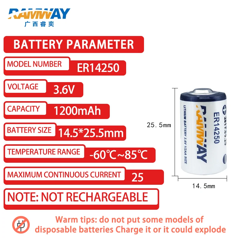 RAMWAY ER14250/TL-5902 3.6V 1200mAh 1/2AA Lithium battery for PLC Servo Encoder Probe ETC Sight Locator Internet of Things