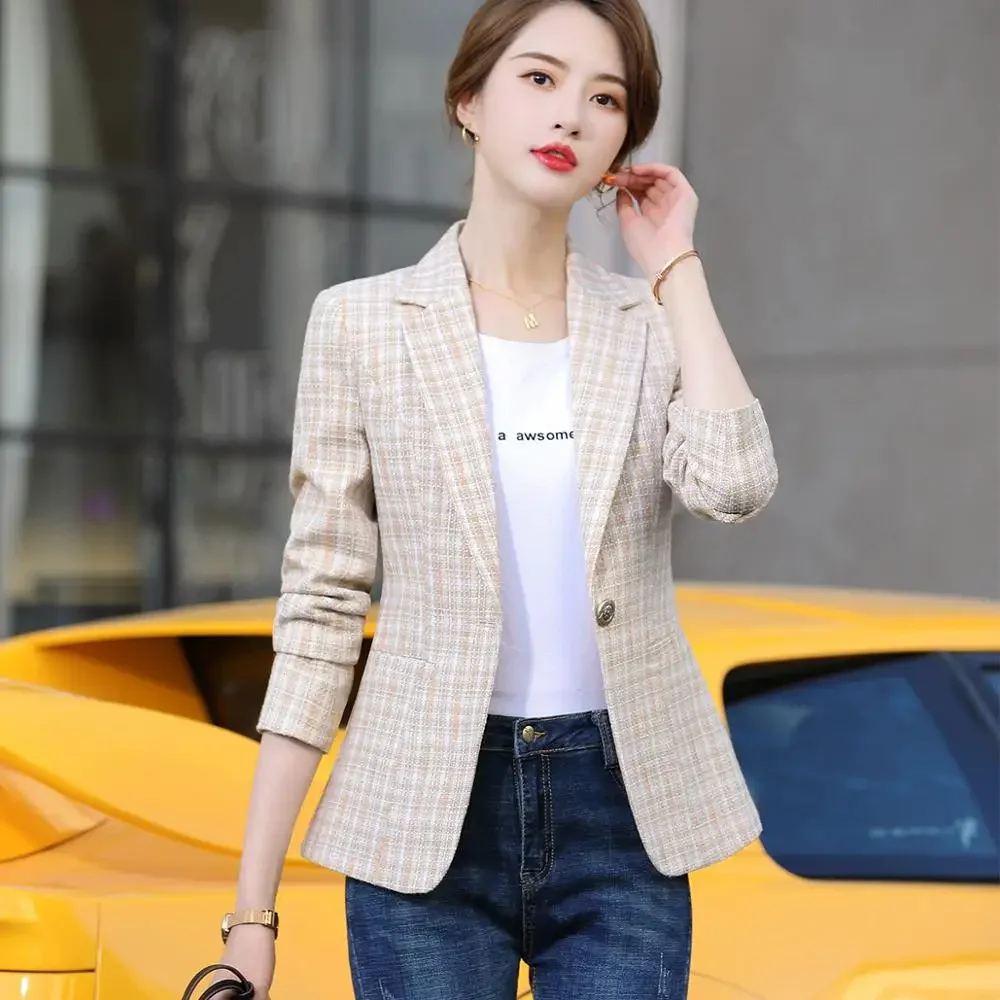 Woman Suit 1 Piece Plaid Blazer Fashion Casual Slim Long Sleeve Jackets Female Single Button Chic Blazers Coat S-4XL