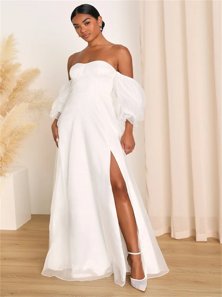 New Arrival Off Shoulder Neckline Straight Wedding Dress Elegant Back Zipper Floor Length High Slit Sweep Train Gown For Bride