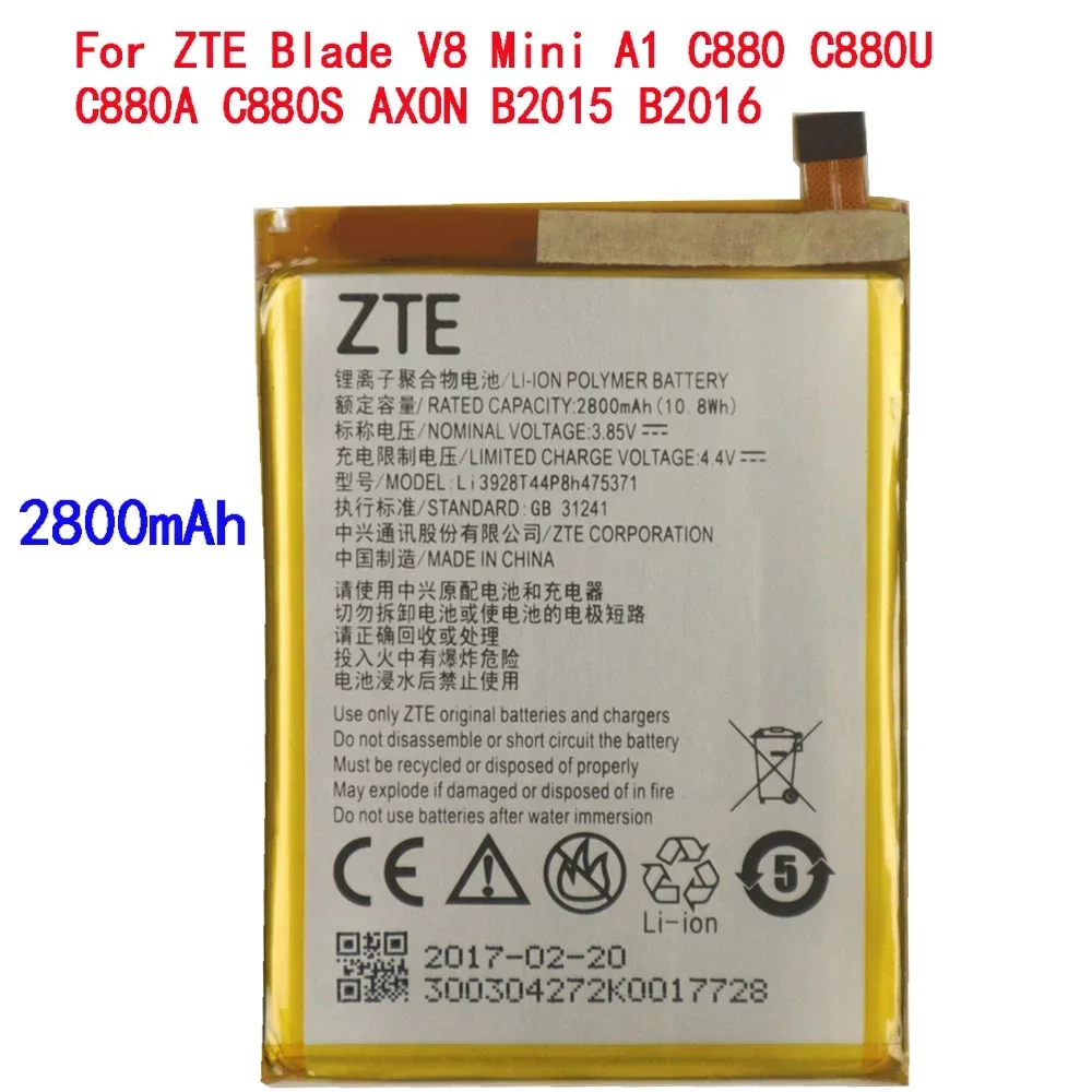 Batteria originale 2800mAh 100% Li3928T44P8h 475371 Per ZTE Blade V8 Mini A1 C880 C880U C880A C880S AXON B2015 B2016 Telefono