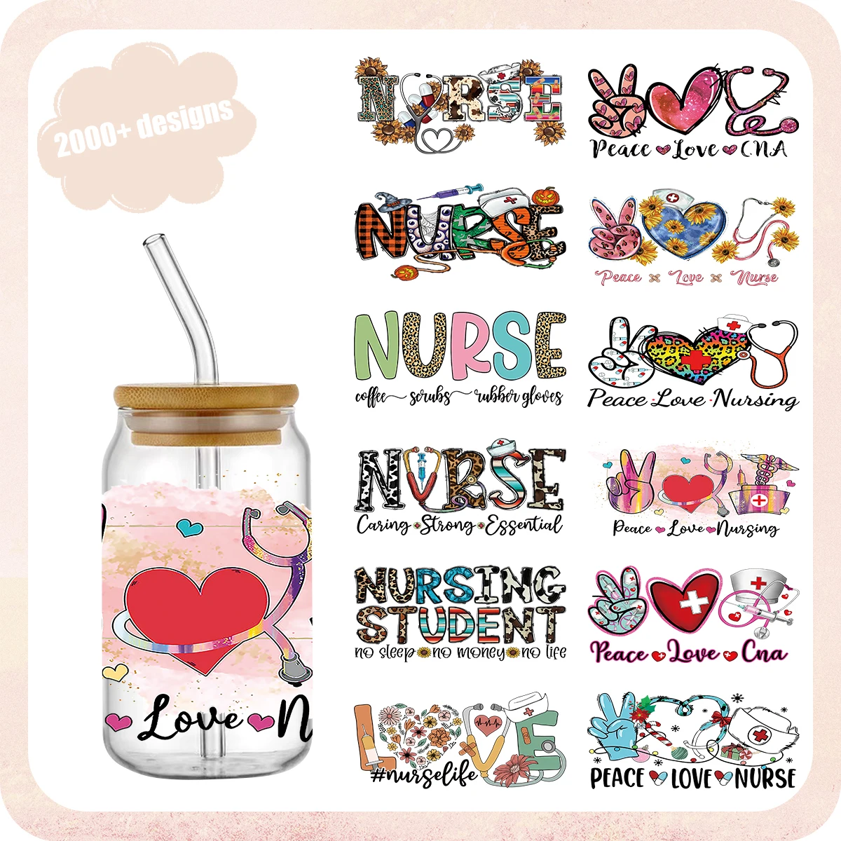 Nurse Design UV DTF Wraps Stickers Cute Wraps For 16oz Glasses Cups 3D UV Decals Strong Waterproof Custom Decals