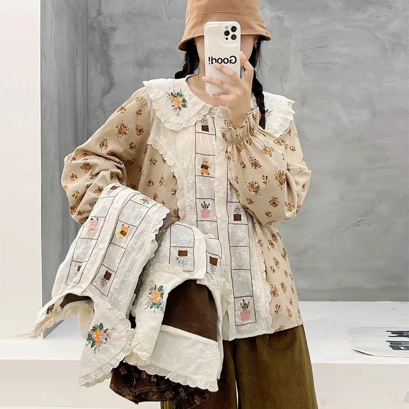 Spring New Japanese Vintage Mori Girl Cartoon Embroidery Floral Printed Patchwork Shirts Women Peter Pan Collar Long Sleeve Tops