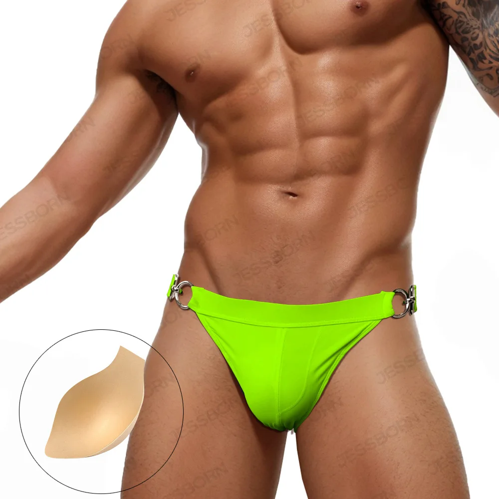 

Men's Thong Half Wrapped Metal Button Brief Side Open Swimming Pants Solid Color Sexy High Crossed Belt T-shaped Bikini with Pad