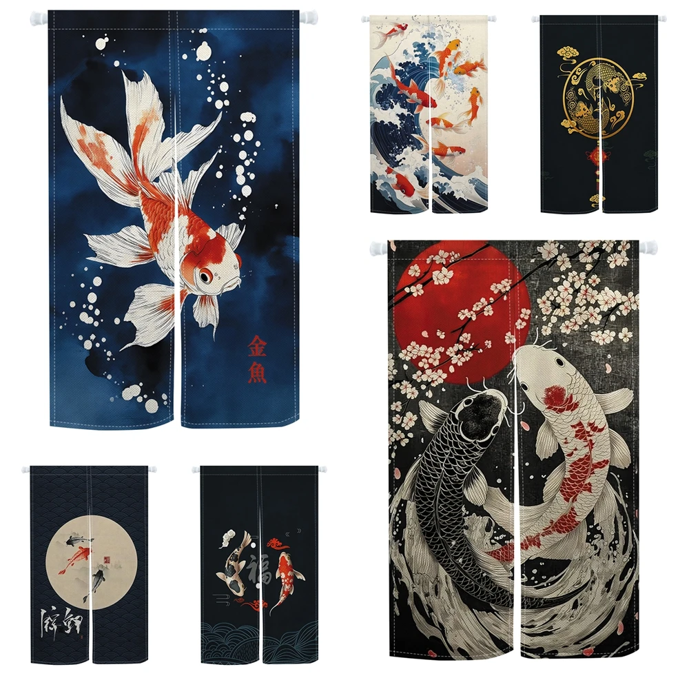 Koi Fish Pattern Japanese Noren Door Curtains Linen Doorway Curtain Kitchen Bedroom Teahouse Entrance Split Half Curtains