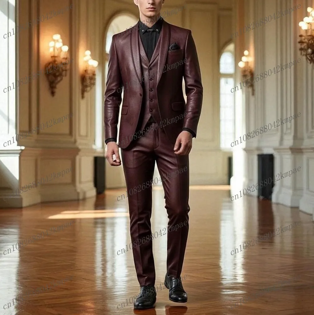 

New Burgundy Leather Men Suit Formal Groom Groomsman Wedding Party Prom Male Business Tuxedos 3 Piece Set Blazer Vest Pants