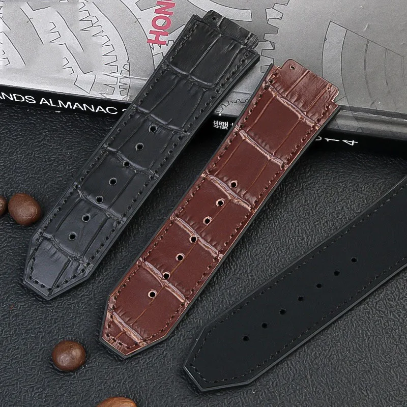 Genuine Leather Watch Band For HUBLOT BIG BANG 25X19mm Waterproof Men Black Green Blue Watch Straps Chain Watch Rubber Bracelet