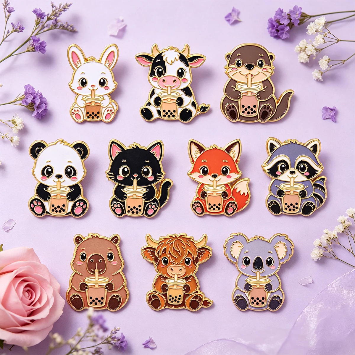 10er-Set Niedliche Boba-Milchtee-Tier-Emaille-Pins: Schwarze Katze, Capybara, Panda, Koala Broschen für Rucksack, Revers, Abzeichen, Schmuck-Accessoires – Detail 3