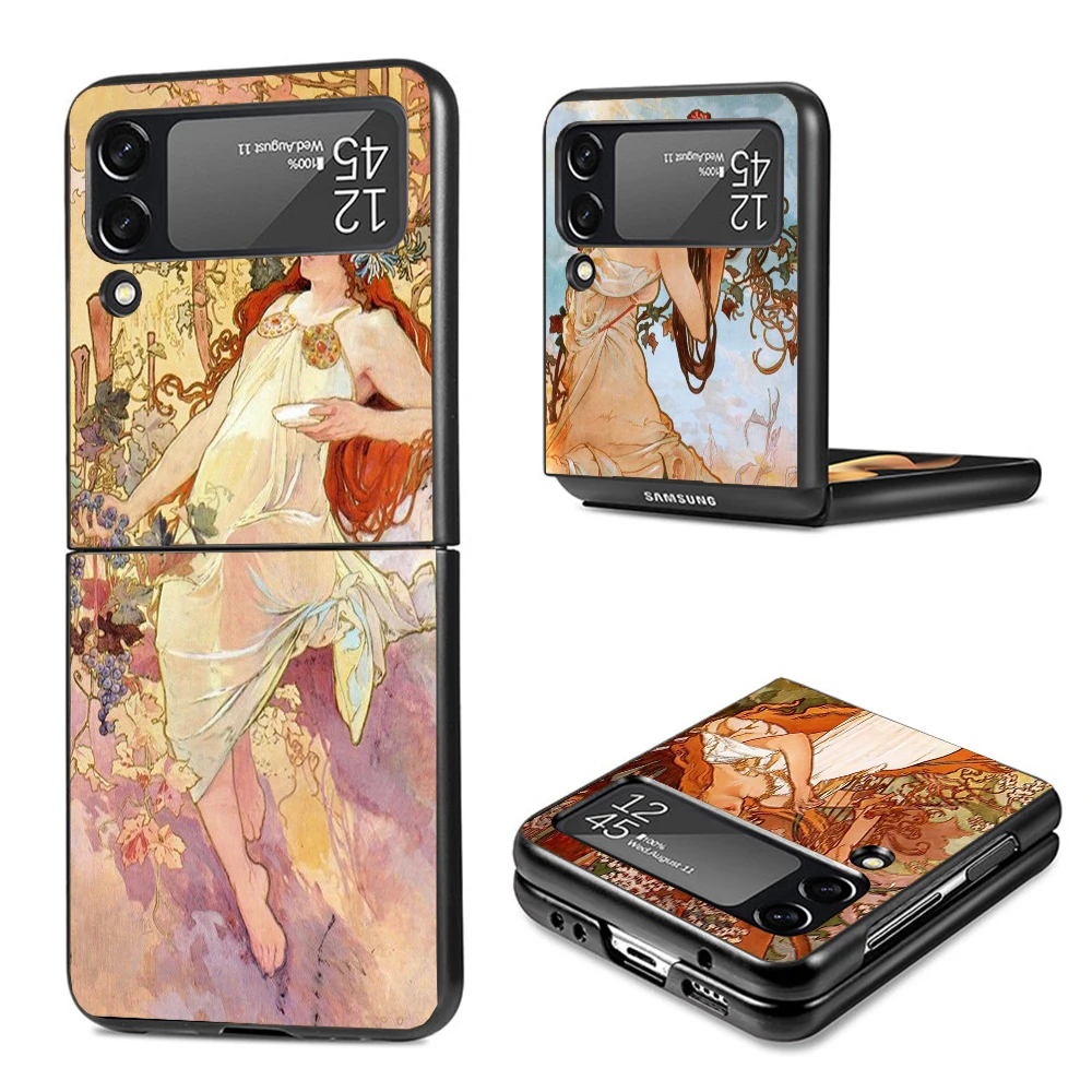 Alfons Mucha Primavera Hard Black Cover for Samsung Galaxy Z Flip 4 3 5 5G Phone Case Flip4 Flip3 Flip5 Pattern Luxury Shockproo