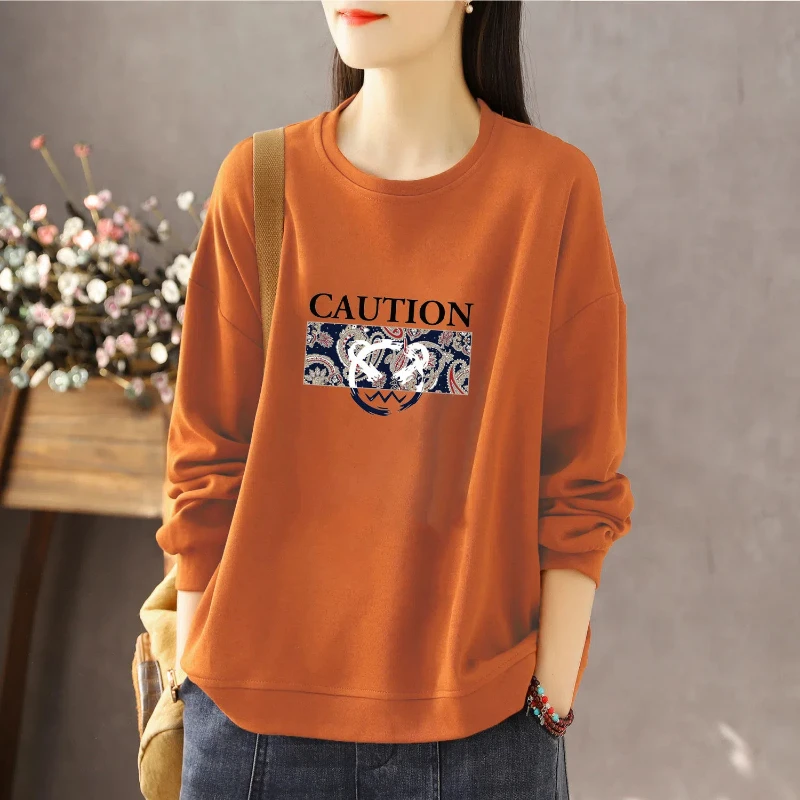 Office Lady Women\'s Clothing Round Neck Autumn Winter Pullover Lantern Long Sleeve Letter Geometric Printing Casual Loose Tops