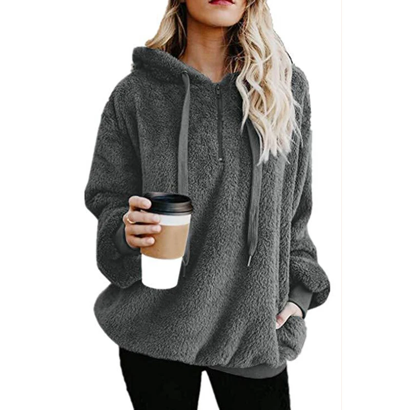 2024 Autumn and Winter New Women's Street Style Long-sleeved Zipper Hooded Solid Color Women's Sweater Sweater Thick Warm Jacket