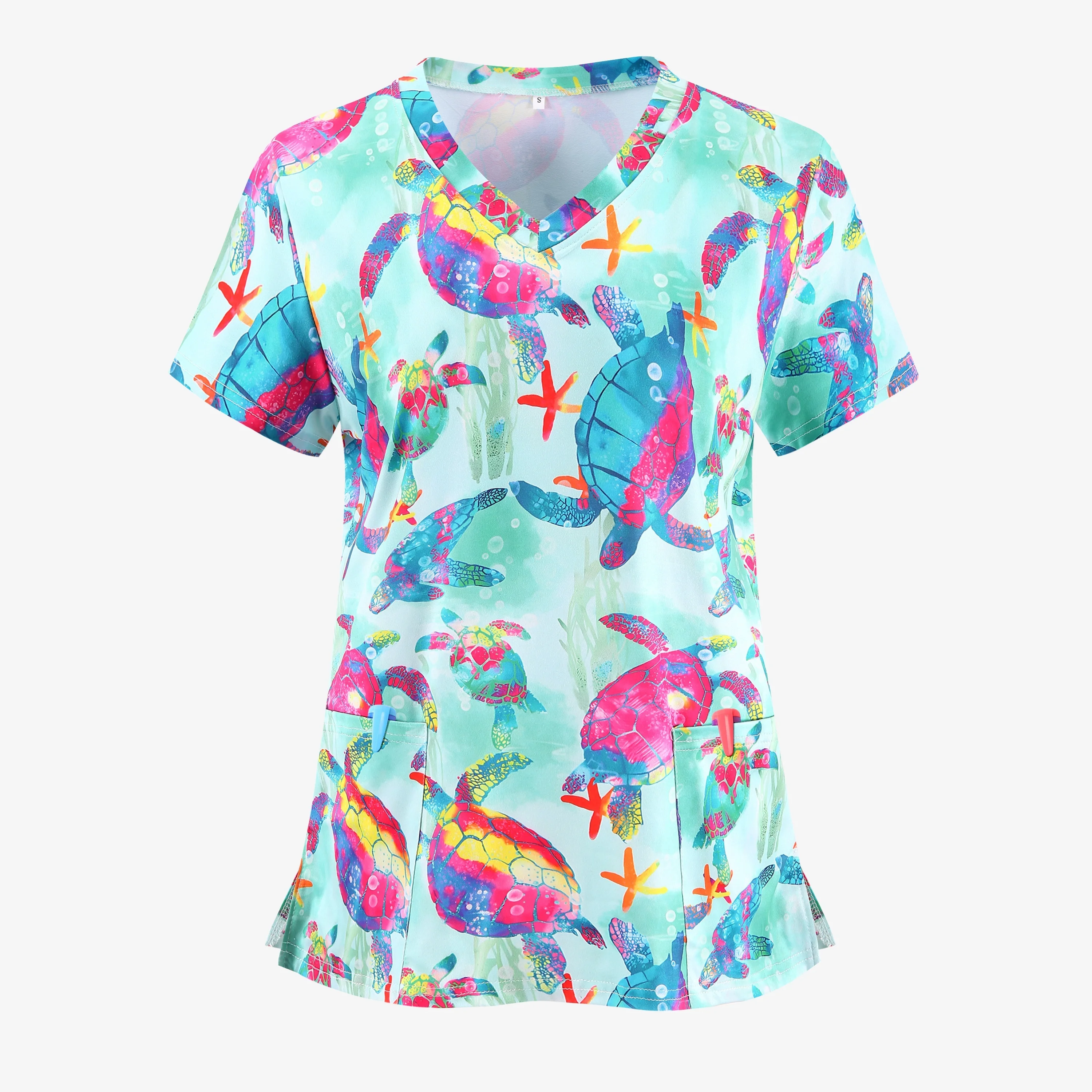 Uniformi chirurgiche Donna Modello colorato Stampa Uniformi chirurgiche Scollo a V Manica corta Tasca applicata Scrub da donna Abbigliamento medico