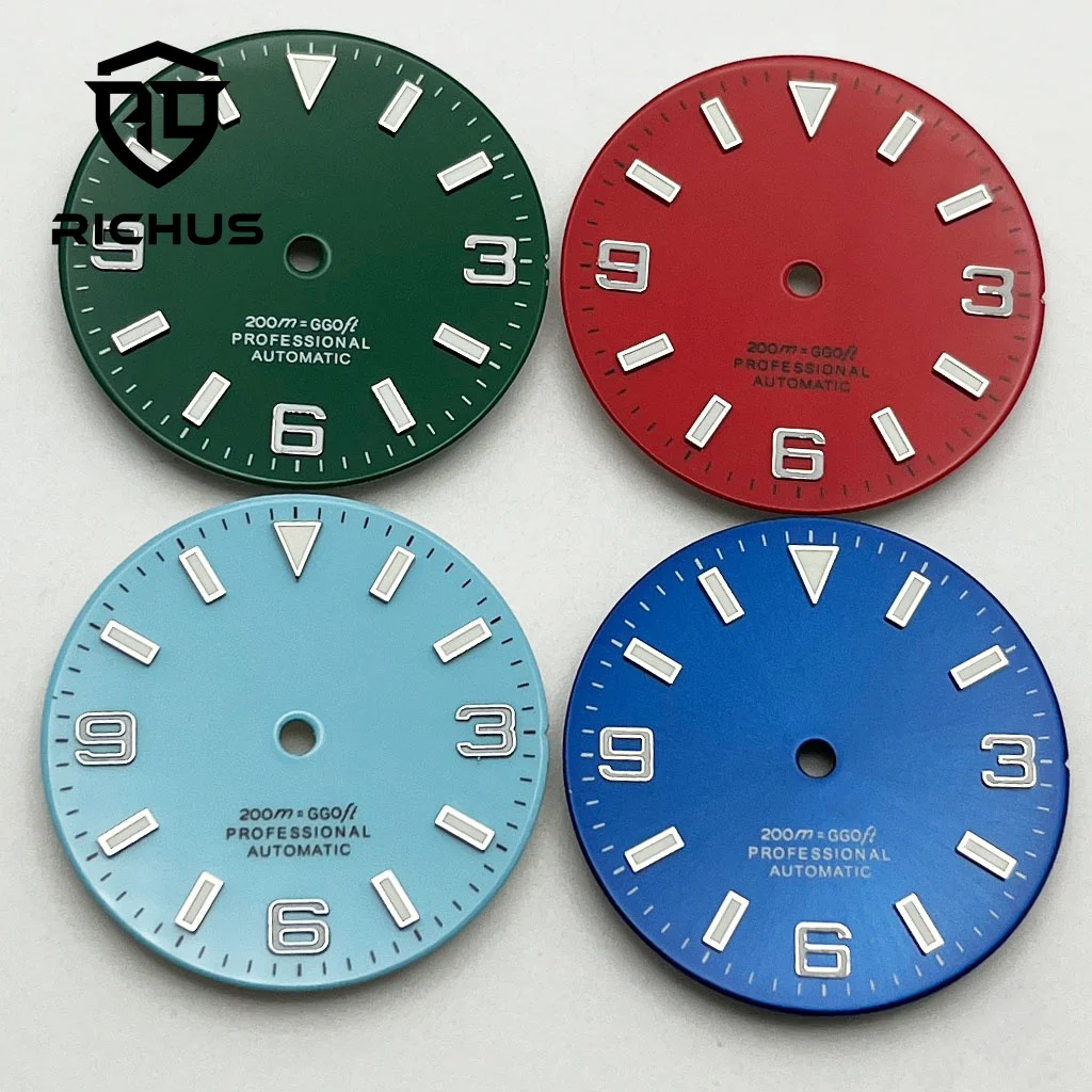 RICHUS 29 mm Zifferblatt, poliertes/gebürstetes Zifferblatt, blau-grün leuchtend, passend für NH34 NH35 NH36 ETA2824 2836 Miyota8215-DG Uhrwerk