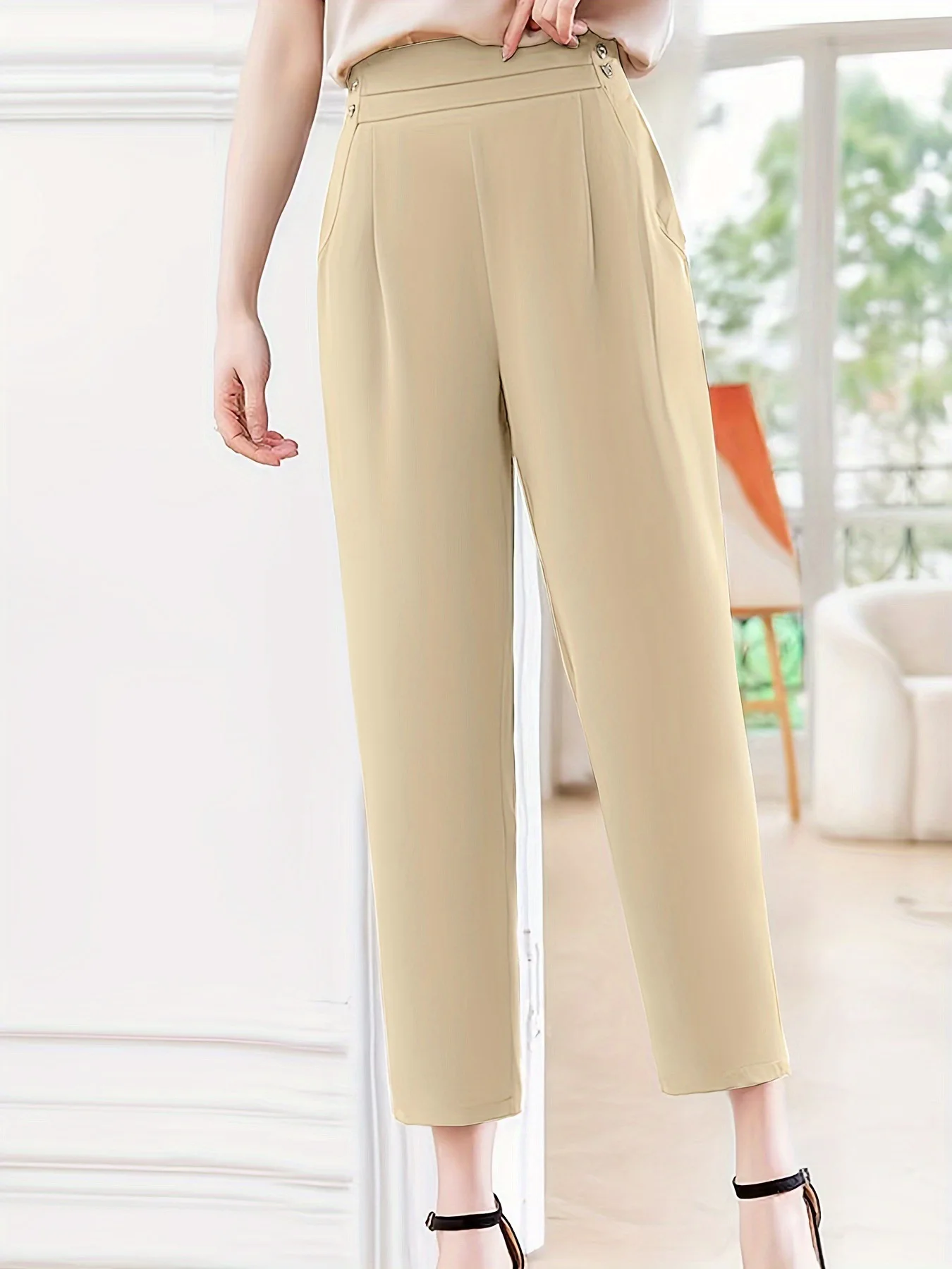 Letnie nowe elastyczne spodnie damskie typu \"tykwa\" z elastyczną talią, w jednolitym kolorze, do noszenia na co dzień, długość 7/8.