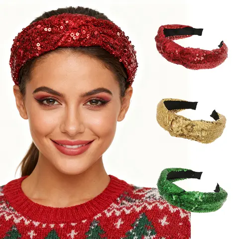 AWAYTR Christmas Sequined Bow Hair Band Women Stripes Girls Hair Hoop Wide Edge Headband Hair Accessories Festival Hairband